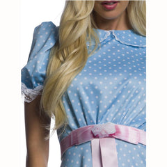 The Shining Twins Dress - Adult, blue spot dress with self frill, puffy sleeves, peter pan collar and features pink ribbon belt.
