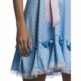 The Shining Twins Dress - Adult, blue spot dress with self frill, puffy sleeves, peter pan collar and features pink ribbon belt. Lace trim on hemline and sleeves.