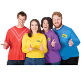 Wiggles adult costume tops, group image with red, yellow, purple and blue tops.