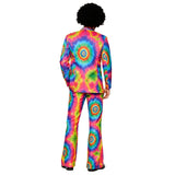 Rear view of rainbow tie dye suit showing psychedelic pattern and flared pants