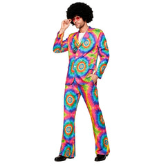 Men's tie dye suit costume with rainbow colours, afro wig and peace sign necklace
