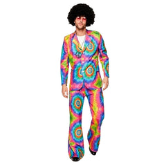 Men's tie dye suit costume with rainbow colours, afro wig and peace sign necklace