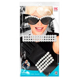 Packaged costume accessory set with sunglasses and gloves on a white background