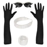 Tiffany accessory set with black gloves, sunglasses, pearl choker, and bracelet. Inspired by 60’s Hollywood style.