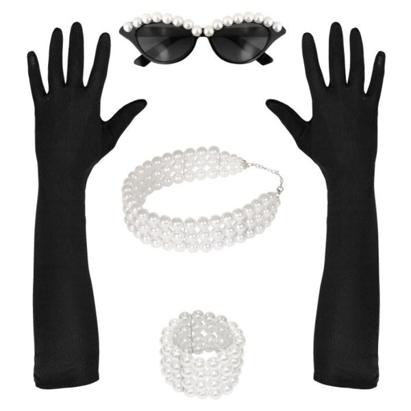 Tiffany accessory set with black gloves, sunglasses, pearl choker, and bracelet. Inspired by 60’s Hollywood style.
