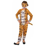 A child wearing a full-body tiger costume with orange, black, and white stripes, a matching face mask, and a tail, standing against a plain white background.