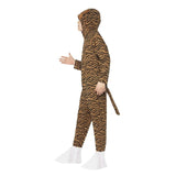 side view of child tiger jumpsuit with attached hood and tail