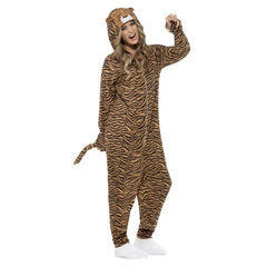 Tiger costume jumpsuit with zip at front, attached hood with tiger face and attached tail.