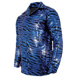Tiger disco mens shirt, blue sequins on black fabric, button up, long sleeve with collar.