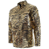 Tiger print mens disco shirt with tiny gold sequins on black fabric.