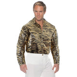 Tiger disco mens shirt in tiny gold sequins on black fabric.