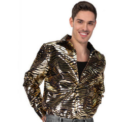 Tiger print disco shirt black and gold retro costume