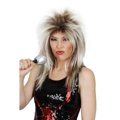 Tina blonde wig in rmullet style with dark roots.