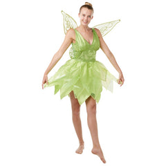 Adult Tinker Bell fairy costume with layered green tutu and detachable glitter wings