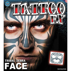 Tinsley FX Full Face Temp Tattoo - Tribal Zebra Face in black ink.
