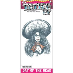 Tinsley FX Temp Tattoo - Bandita, mexican lady wearing a sombrero, head and chest pic.