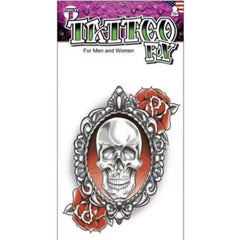 Tinsley FX Temp Tattoo - Gothic Skull and Roses in mirror with roses.