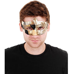 Black and gold Venetian masquerade eye mask with silver accents and ribbon ties – costume accessory