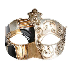 Black and gold Venetian masquerade eye mask with silver accents and ribbon ties – costume accessory