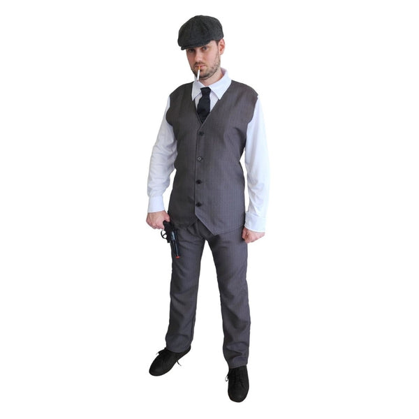 1920s gangster costume for men with grey vest, shirt front, tie, and pants