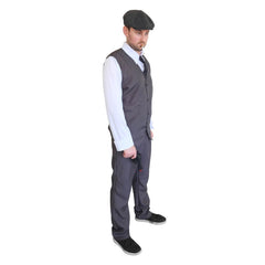 1920s gangster costume for men with grey vest, shirt front, tie, and pants
