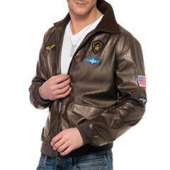 Licensed Top Gun brown vinyl bomber jacket with fleece collar and patches – Smiffys costume
