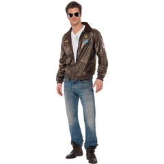 Licensed Top Gun brown vinyl bomber jacket with fleece collar and patches – Smiffys costume