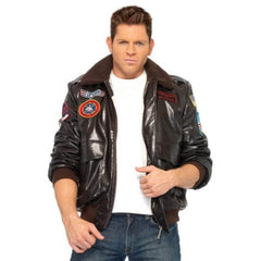 Top Gun bomber jacket costume with patches, aviators, and dog tags for hire in Brisbane
