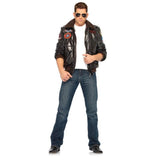 mens-top gun-bomber jacket by Leg Avenue, vinyl jacket, fur collar and several badges including maverick.