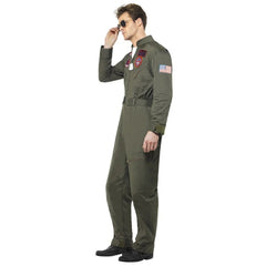 Men’s Top Gun costume with green pilot jumpsuit, badges, and dog tags