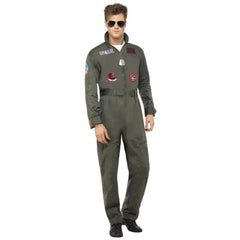 Men’s Top Gun costume with green pilot jumpsuit, badges, and dog tags