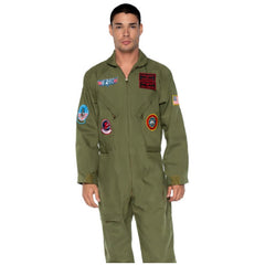 Top gun flight suit, jumpsuit with pockets at chest and hips, lots of badges.