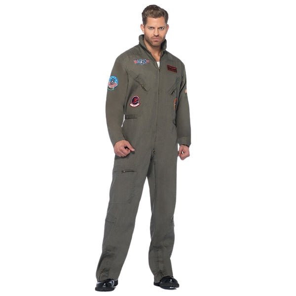 Top Gun costume flight suit with patches and aviators for hire in Brisbane