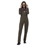 Top gun ladies costume, khaki zipup the front jumpsuit with logos.