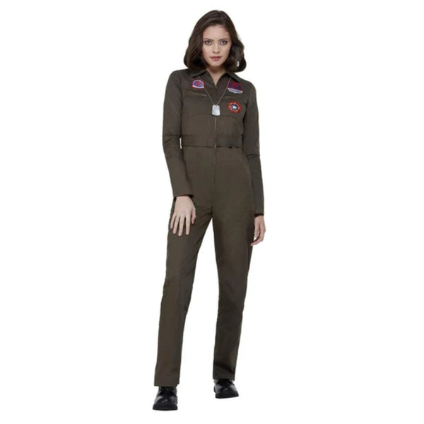 top gun ladies costume in khaki from the 1980s, jumpsuit with logos.