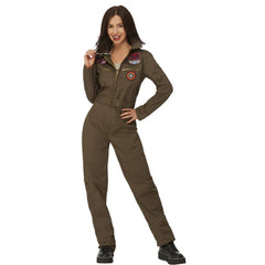 Top Gun Ladies Costume in khaki with jumpsuit, belt, and aviation emblems by Smiffys