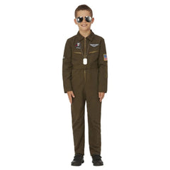 Top Gun Maverick child aviator costume with green jumpsuit and badges
