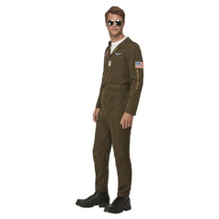 Men’s Top Gun Maverick aviator costume with khaki jumpsuit, belt, and interchangeable name badges
