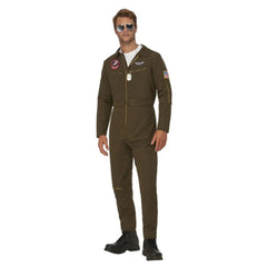 Men’s Top Gun Maverick aviator costume with khaki jumpsuit, belt, and interchangeable name badges
