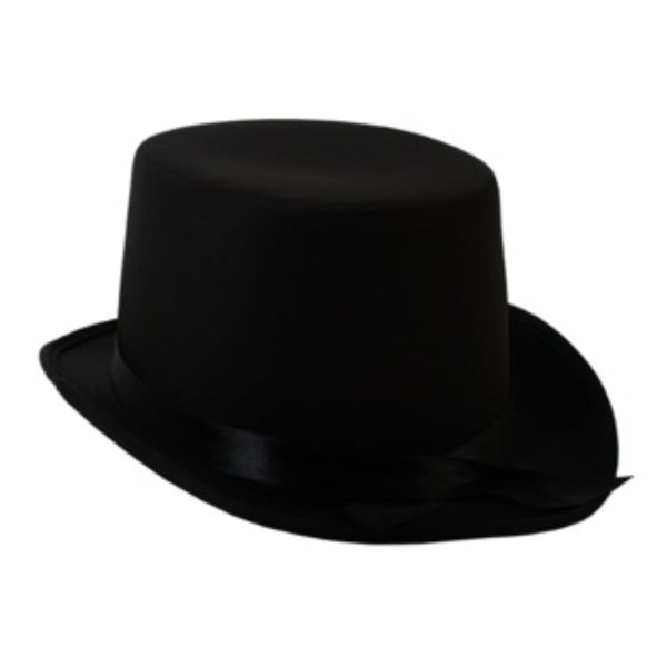 Satin black adult-size top hat, perfect for historical or magician costumes by Dr Toms