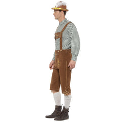 Traditional Deluxe Hanz Bavarian Costume, knee length faux suede lederhosen with green check long sleeve shirt.