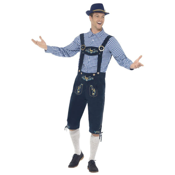 Traditional Deluxe Rutger Bavarian Costume, blue lederhosen and blue check shirt.