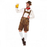 Traditional brown lederhosen costume with gold trim, white shirt, red necktie, and foldable felt hat for Oktoberfest.