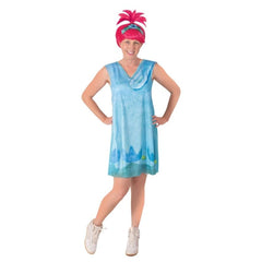 Adult Trolls Poppy costume with floral dress and pink wig with flower tiara 