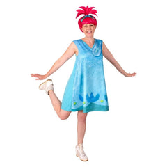 Adult Trolls Poppy costume with floral dress and pink wig with flower tiara 