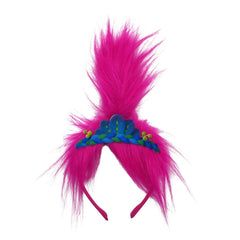 Official Trolls Poppy headband with attached pink ponytail hair and floral headpiece for children.