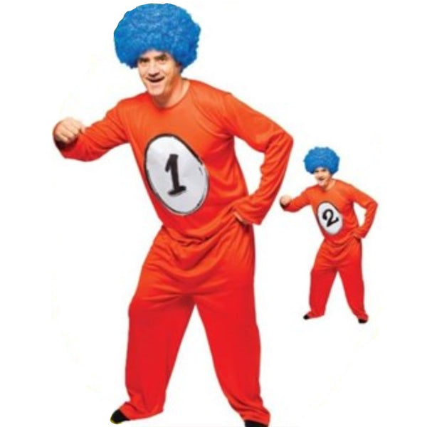 Trouble 1 or 2 man costume, red jumpsuit with interchangeable 1 or 2 numbers.