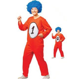 Red Trouble 1 or 2 women’s costume jumpsuit with interchangeable number patches – Book Week outfit