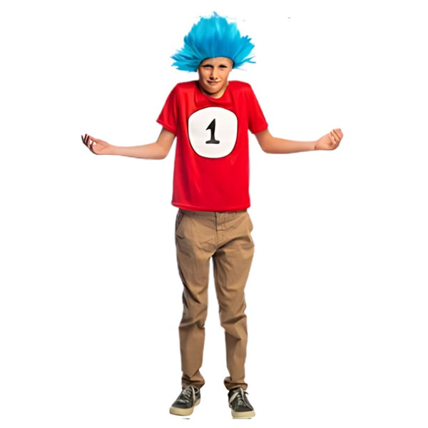 Trouble child costume, red shirt, draw your own number on, plus blue spiky wig.