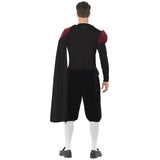 Tudor Lord Deluxe Costume, black and red tunic, neck frill, britches and cape.